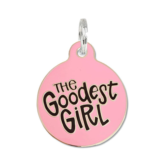 Bad Tags - Dog ID Tag with Personalized QR Code - The Goodest Girl  - Pink / Engraved QR Code / Small 1"