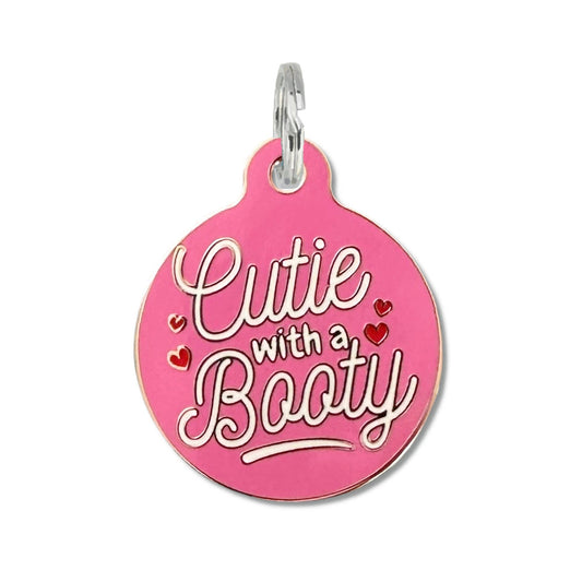 Bad Tags - Dog ID Tag with Personalized QR Code - Cutie with a Booty - Pink / Engraved QR Code / Large 1.25"