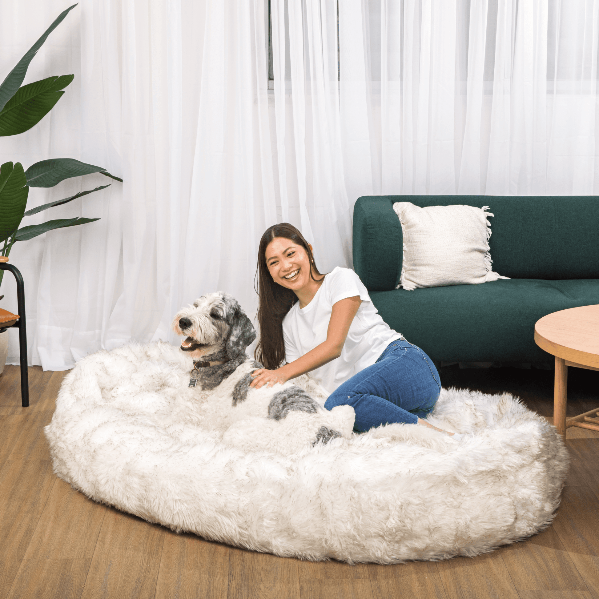 PupCloud™ Human-Size Faux Fur Memory Foam Dog Bed - White with Brown Accents - Doot's Pet LLC Collars For A Cause