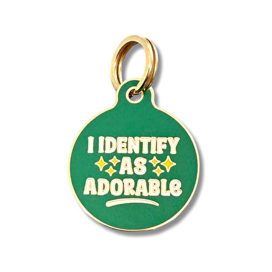 Bad Tags - Gold Dog Tag w/ Personalized QR Code - Identify as Adorable - Engraved QR Code / Large 1.25"