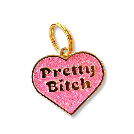 Bad Tags - 

Pink Glitter Heart Shaped Gold Dog Tag - Pretty Bitch - Engraved QR Code / Large 1.25"