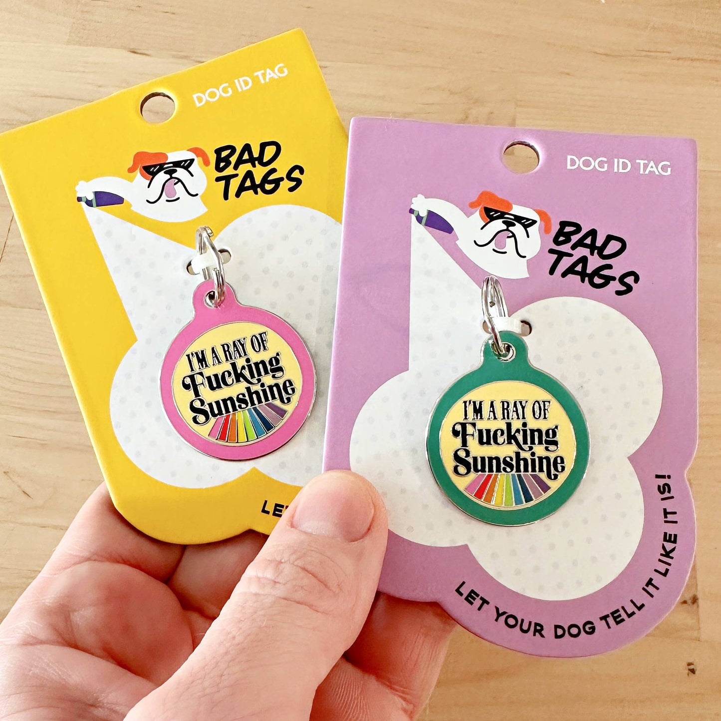 Bad Tags - Dog ID Tag with Personalized QR - Ray of Fucking Sunshine - Large / Teal / Engraved QR Code