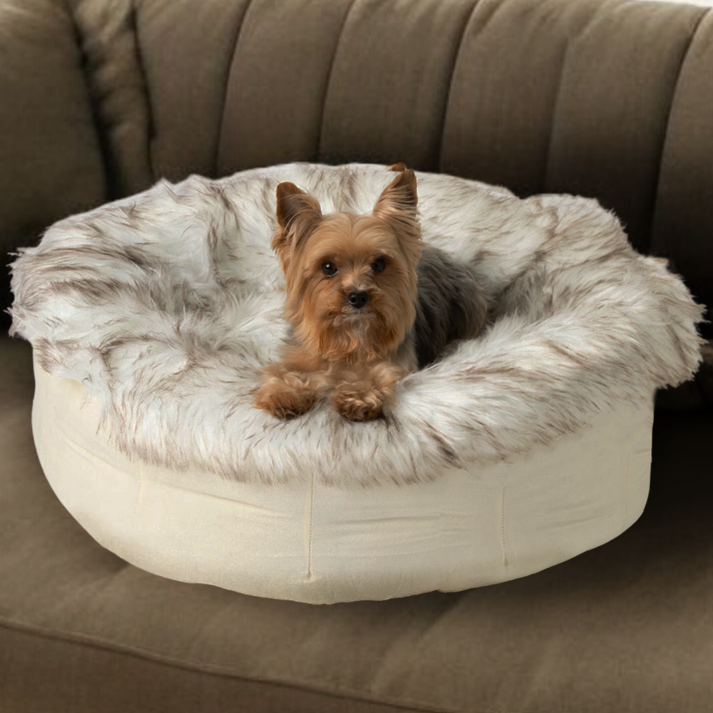PupPouf™ Faux Fur Donut Dog Bed - White with Brown Accents - Doot's Pet LLC Collars For A Cause