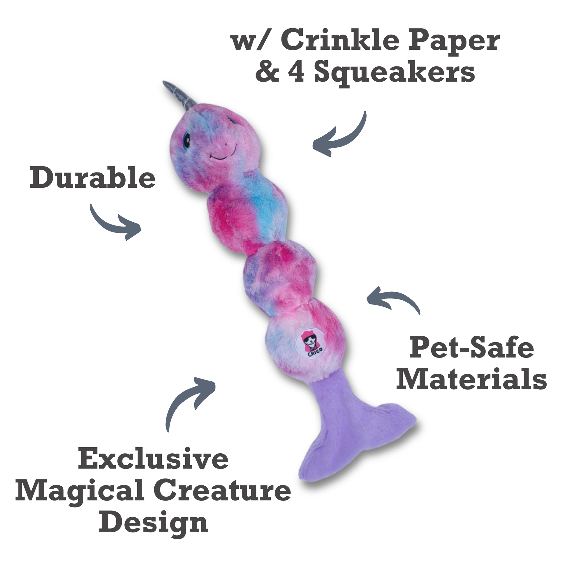 Tie Dye Skinny Narwhal Magical Creature Plush Dog Toy – with Squeaker & Crinkle Paper for Fun Play - Doot's Pet LLC Collars For A Cause