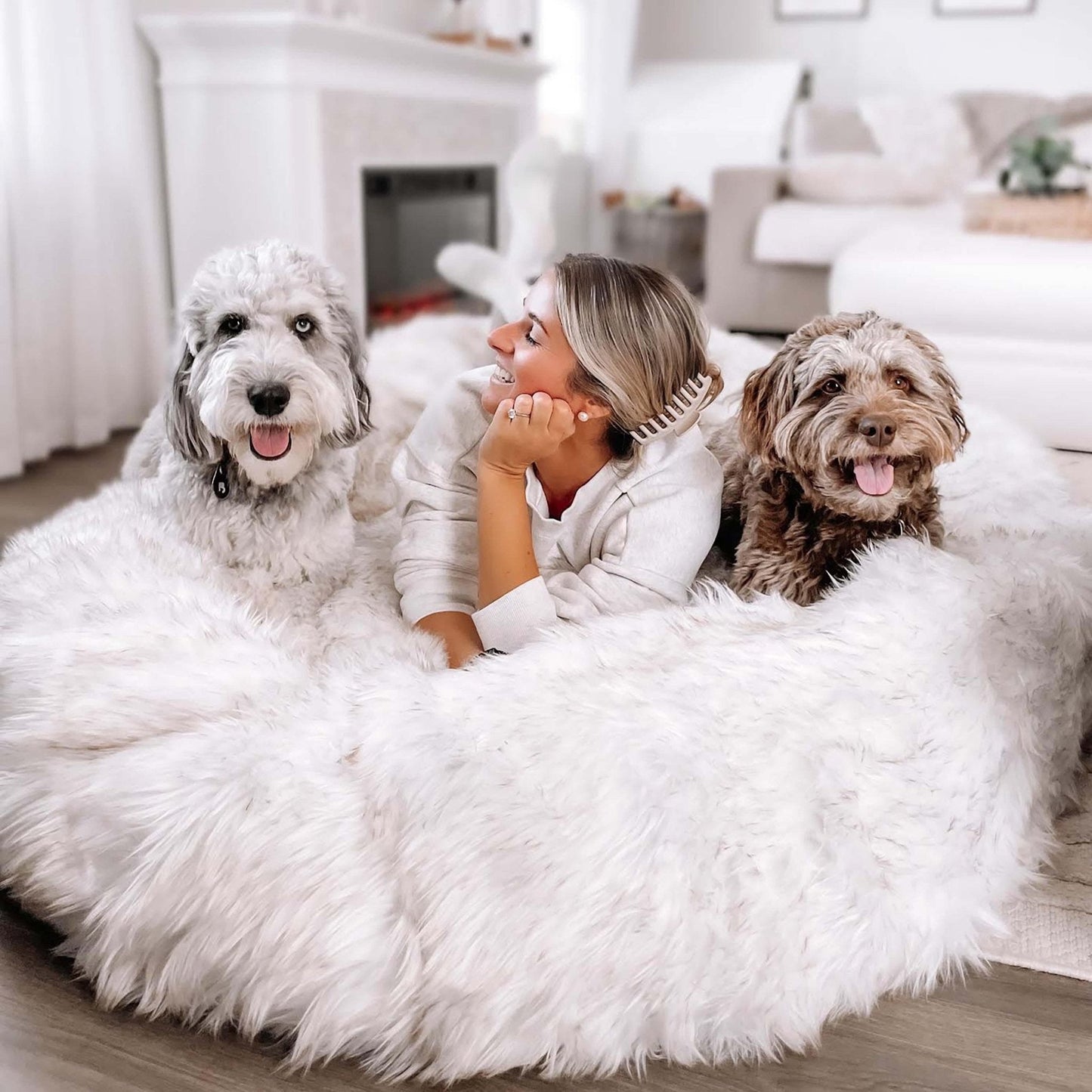 PupCloud™ Human-Size Faux Fur Memory Foam Dog Bed - White with Brown Accents - Doot's Pet LLC Collars For A Cause