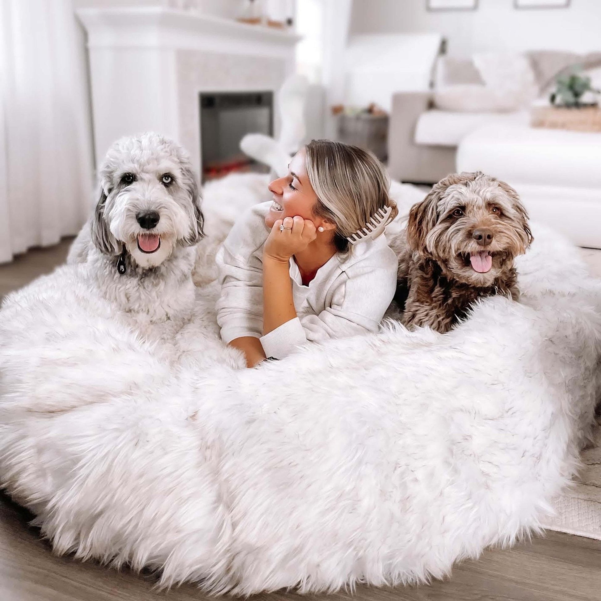 PupCloud™ Human-Size Faux Fur Memory Foam Dog Bed - White with Brown Accents - Doot's Pet LLC Collars For A Cause