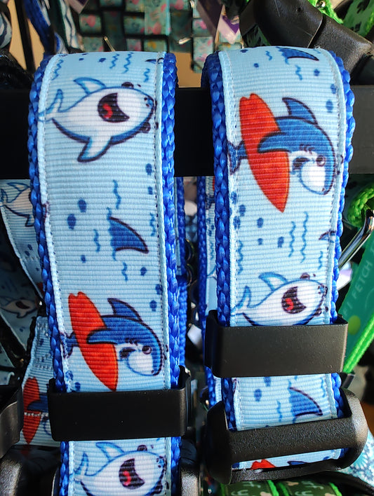 Surfer Sharks Blue Nylon Dog Collar MD, LG, XL, Leash - Doot's Pet LLC Collars For A Cause