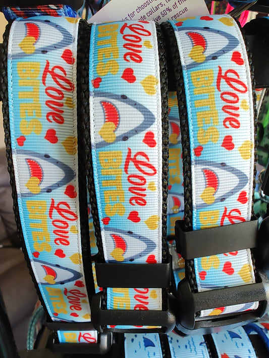 Love Bite Sharks Black Nylon Dog Collar MD, LG, XL, Leash - Doot's Pet LLC Collars For A Cause