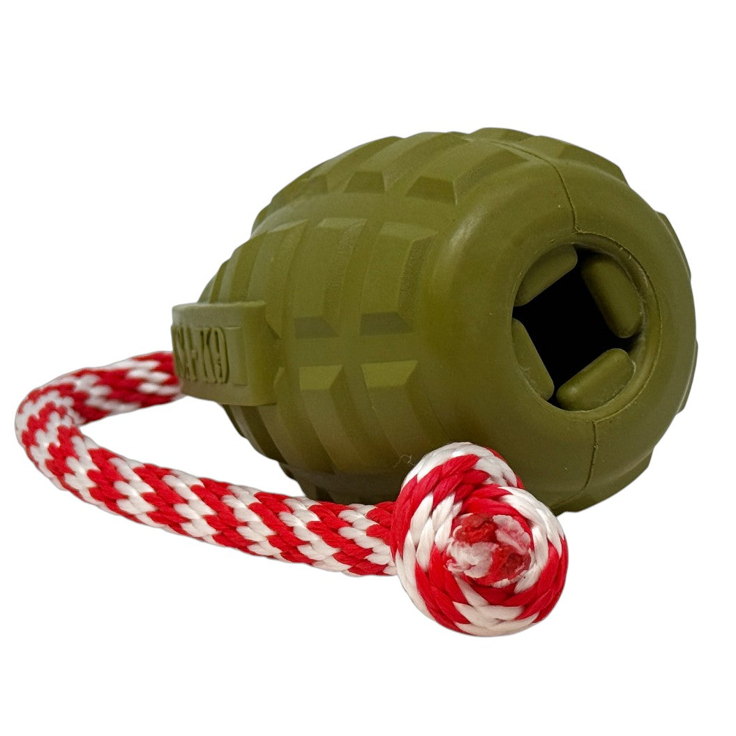 USA-K9 Grenade Shaped Rubber Dog Toy - Chew, Treat Dispenser & Tug Toy | USA - Army Green - Doot's Pet LLC Collars For A Cause