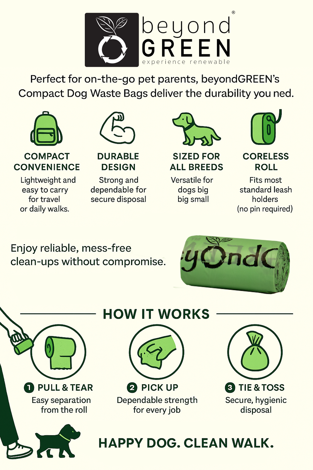 beyondGREEN Dog Waste Bags – Folded Rolls – Made in USA, Leak-Resistant, Extra-Strong - Doot's Pet LLC Collars For A Cause