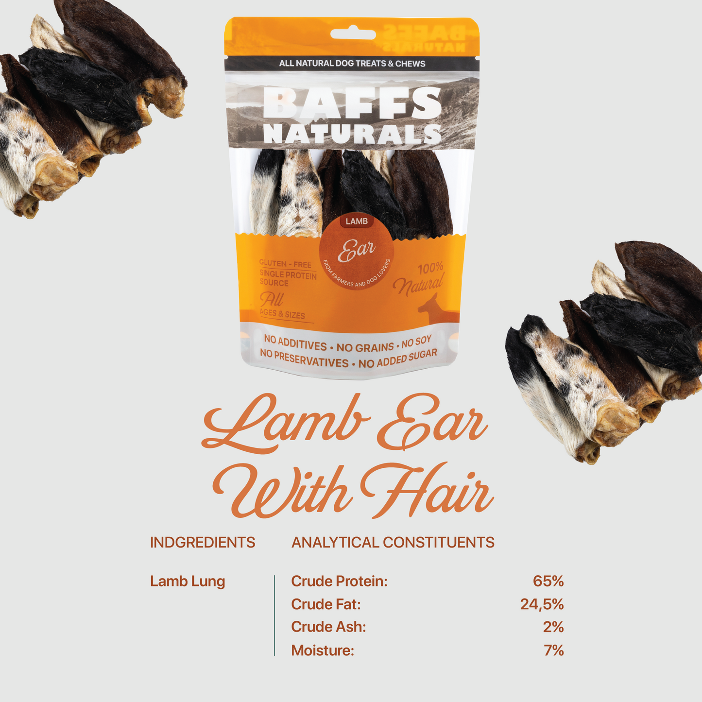 BAFFS NATURALS All-Natural Premium Lamb Ear Dog Chews – (3.5oz Bag) - Doot's Pet LLC Collars For A Cause