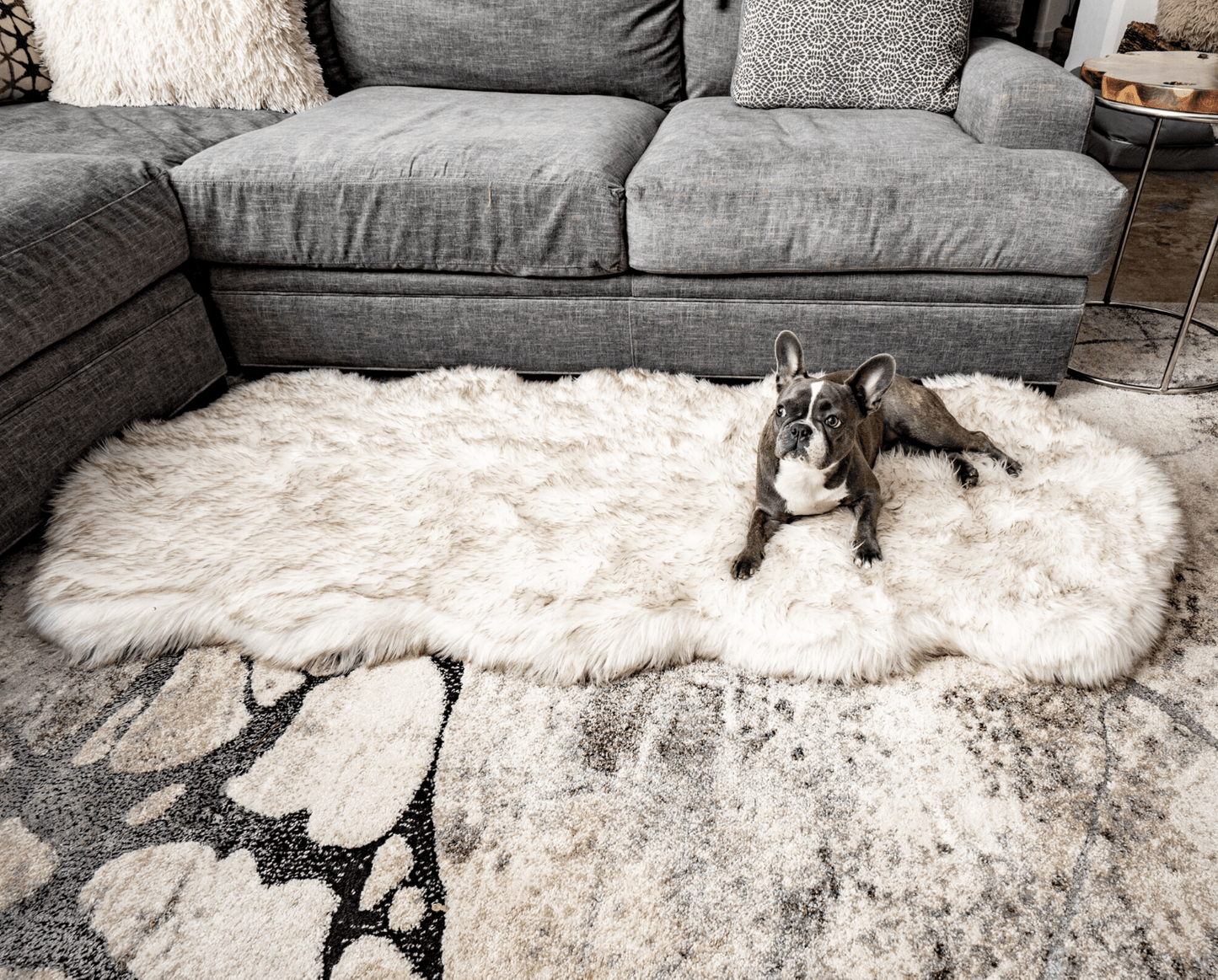 PupRug® Runner Faux Fur Memory Foam Dog Bed - Curve White with Brown Accents - Doot's Pet LLC Collars For A Cause