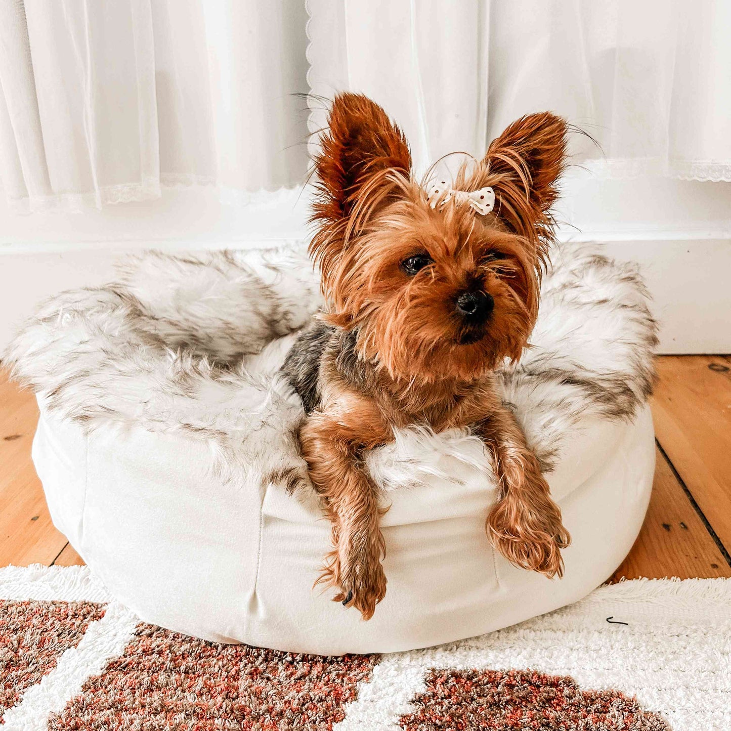 PupPouf™ Faux Fur Donut Dog Bed - White with Brown Accents - Doot's Pet LLC Collars For A Cause