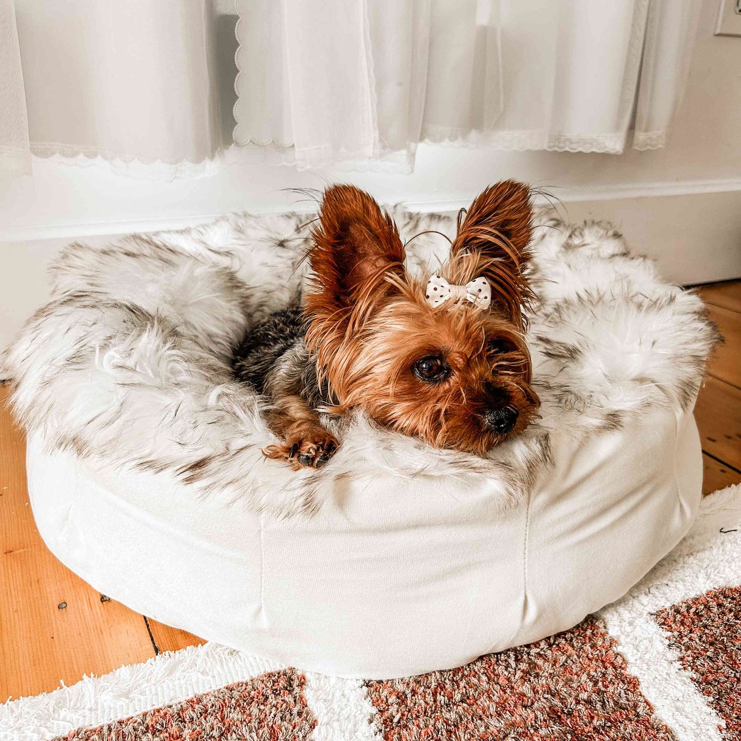 PupPouf™ Faux Fur Donut Dog Bed - White with Brown Accents - Doot's Pet LLC Collars For A Cause