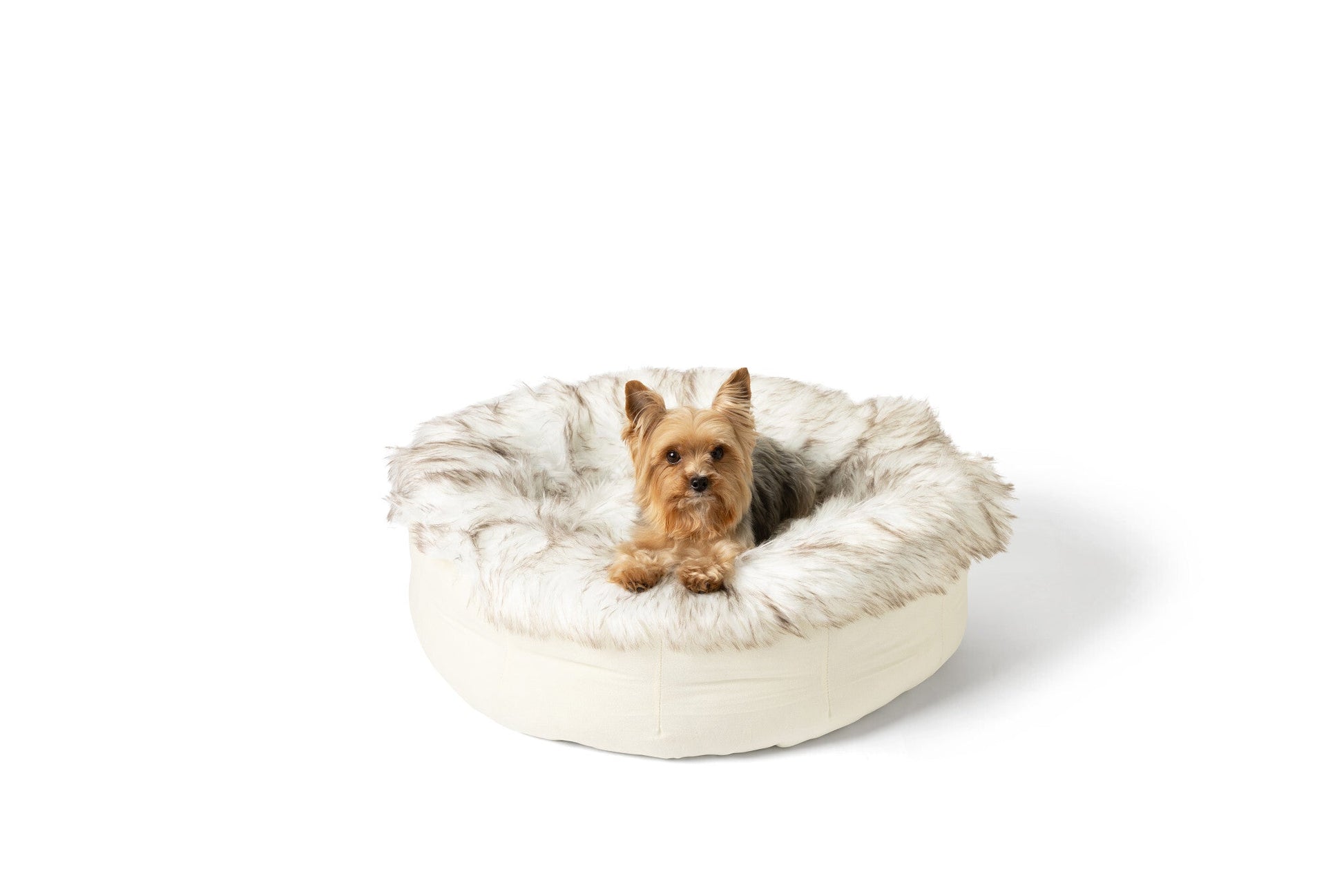 PupPouf™ Faux Fur Donut Dog Bed - White with Brown Accents - Doot's Pet LLC Collars For A Cause