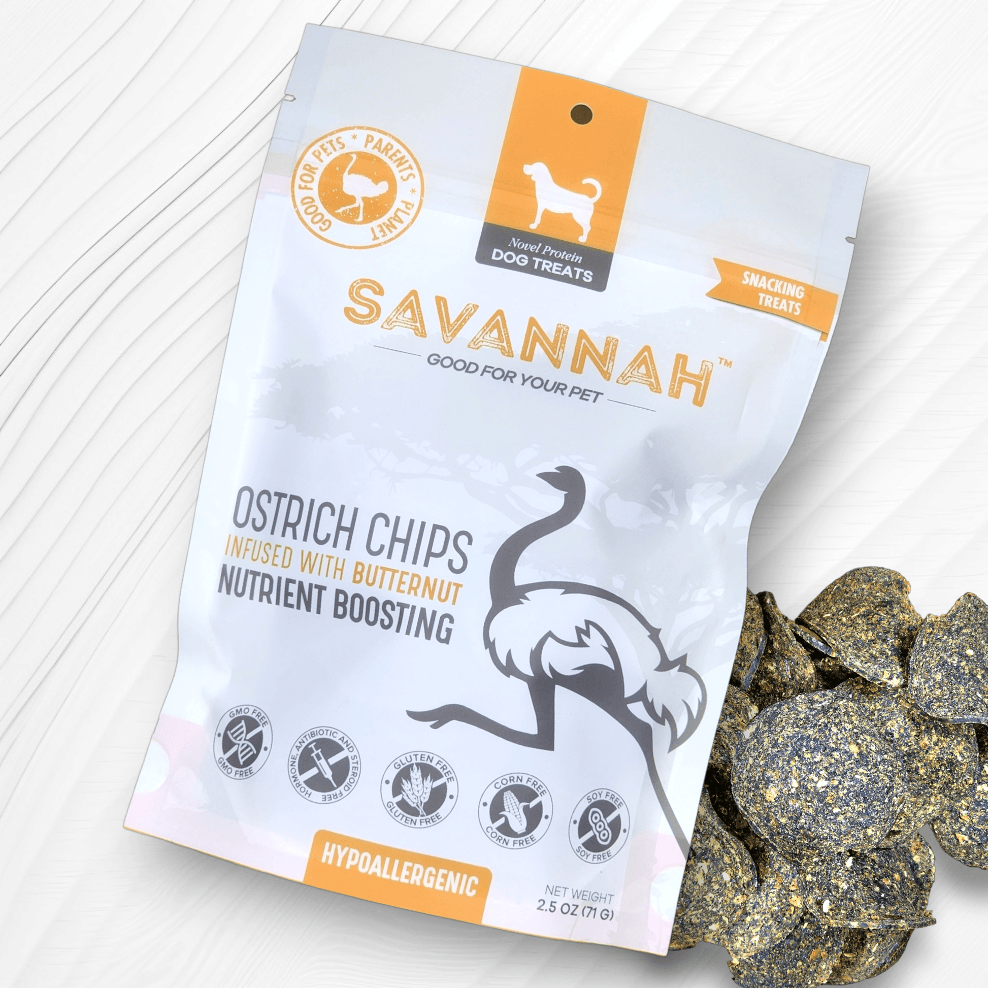 Ostrich Chips with Butternut (2.5oz): The Flavorful, Hypoallergenic Treat for Dogs with Sensitive Stomachs - Doot's Pet LLC Collars For A Cause