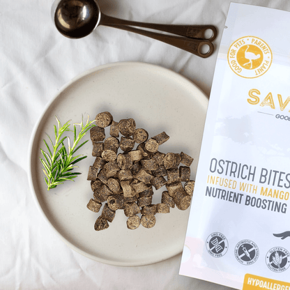 Ostrich Bites with Mango (3oz): The Tropical, Nutrient-Rich Treat for Dogs - Doot's Pet LLC Collars For A Cause