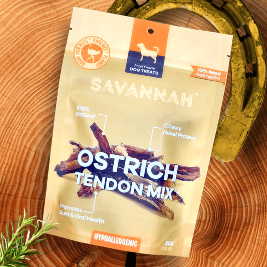 Savannah Chewy Ostrich Tendon Mix (3oz): The Protein-Packed, Hypoallergenic Chew for All Dogs - Doot's Pet LLC Collars For A Cause