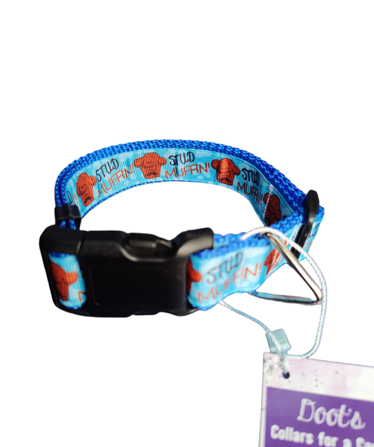 Stud Muffin Blue Nylon Dog Collar MD, LG, XL, Leash - Doot's Pet LLC Collars For A Cause