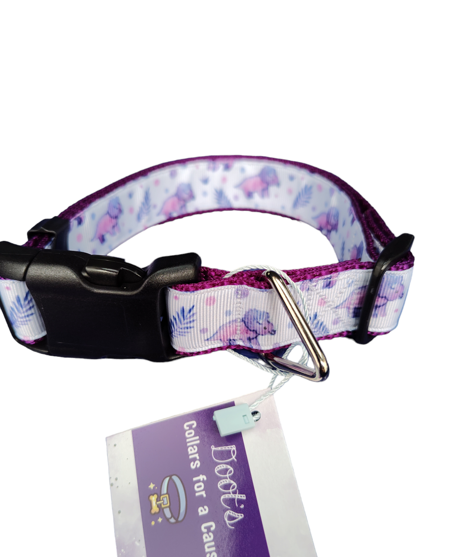 Purple Triceratops Dinosaur Purple Nylon Dog Collar MD, LG, XL, Leash - Doot's Pet LLC Collars For A Cause