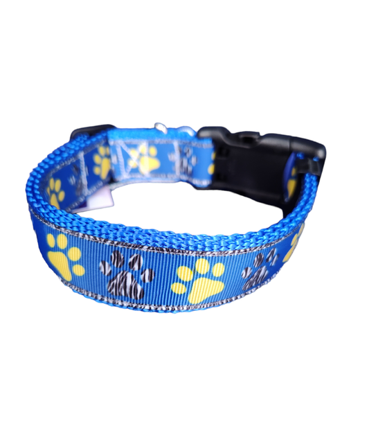 Blue And Yellow Paw Prints Blue Nylon Dog Collar MD, LG, XL, Leash - Doot's Pet LLC Collars For A Cause