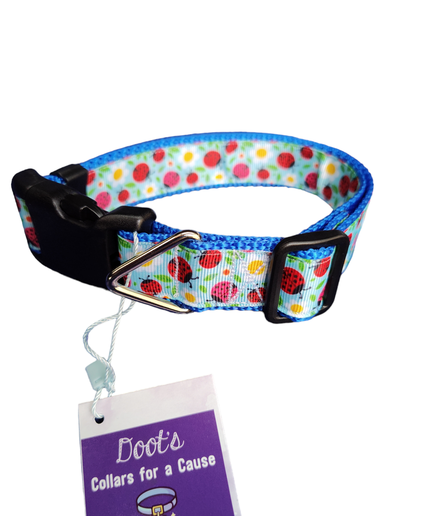 Ladybugs and Daisies Blue Nylon Dog Collar MD, LG, XL, Leash - Doot's Pet LLC Collars For A Cause