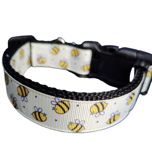Yellow Bees Black Nylon Dog Collar MD, LG, XL, Leash - Doot's Pet LLC Collars For A Cause