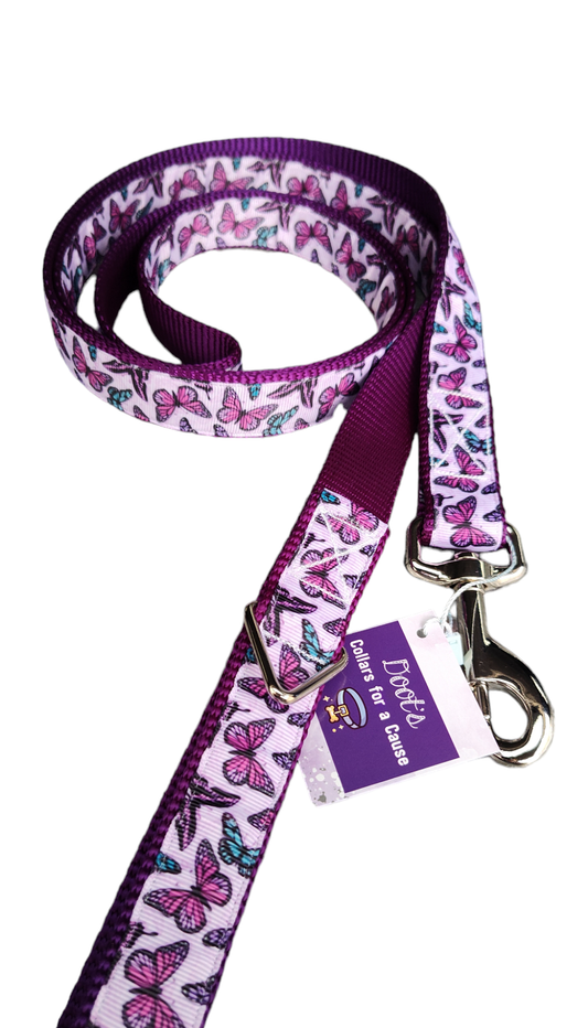 Purple Butterflies Purple Nylon Dog Collar MD, LG, XL, Leash - Doot's Pet LLC Collars For A Cause