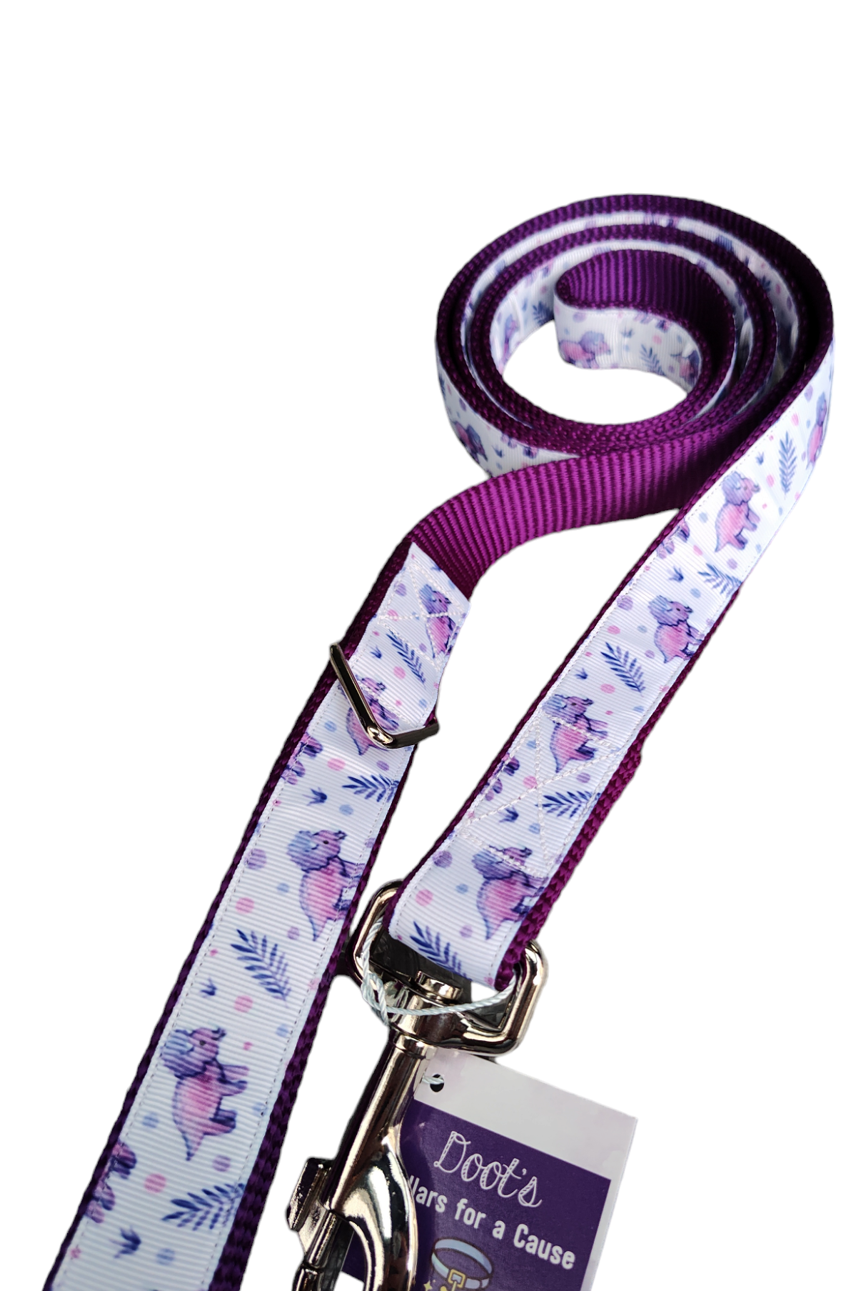 Purple Triceratops Dinosaur Purple Nylon Dog Collar MD, LG, XL, Leash - Doot's Pet LLC Collars For A Cause