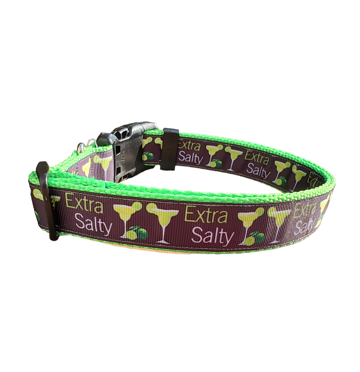 Extra Salty Margarita Neon Green Nylon Dog Collar MD, LG, XL, Leash - Doot's Pet LLC Collars For A Cause