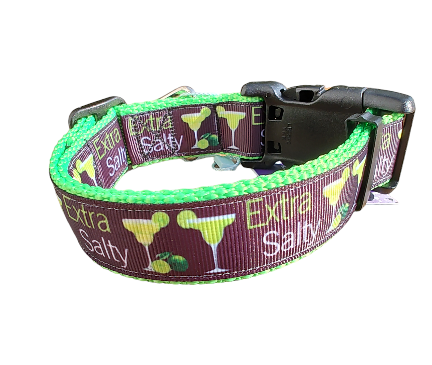 Extra Salty Margarita Neon Green Nylon Dog Collar MD, LG, XL, Leash - Doot's Pet LLC Collars For A Cause