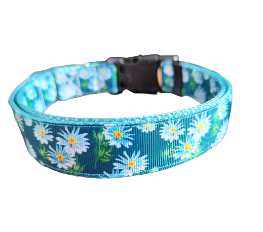 Watercolor Flowers L Blue Nylon Dog Collar MD, LG, XL, Leash - Doot's Pet LLC Collars For A Cause