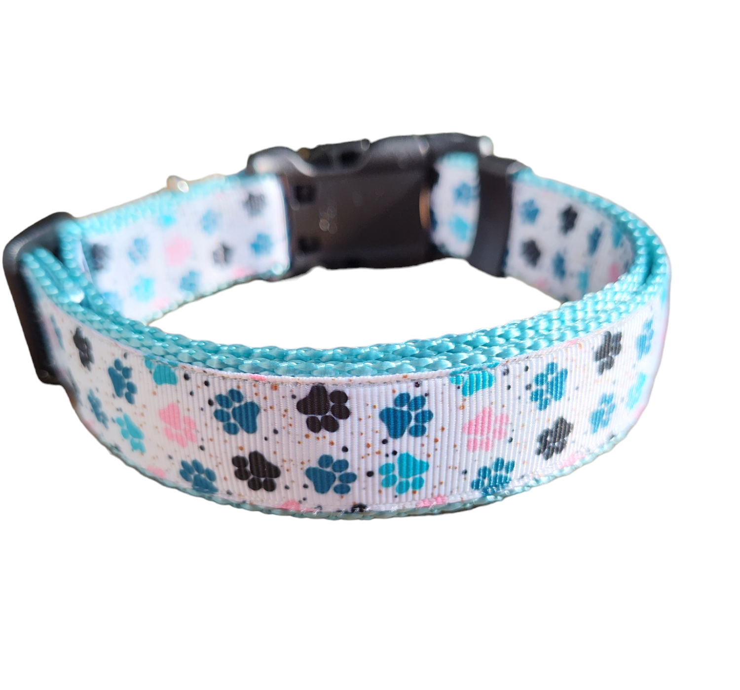 Paw prints Light Blue Nylon Dog Collar MD, LG, XL, Leash - Doot's Pet LLC Collars For A Cause