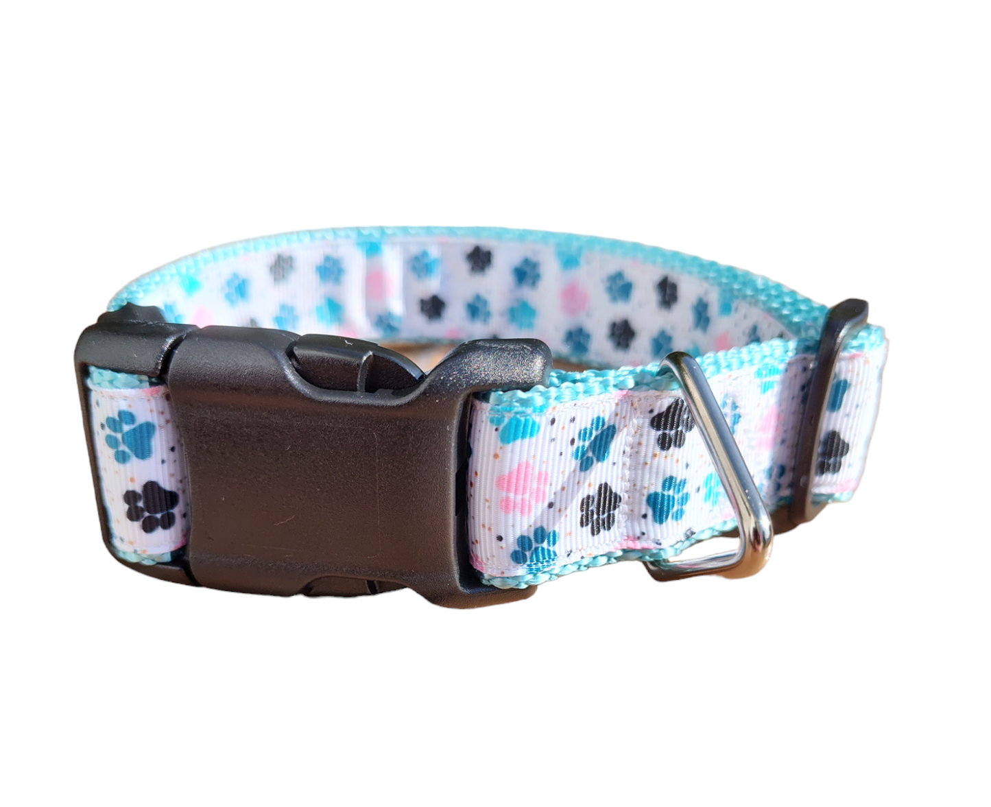 Paw prints Light Blue Nylon Dog Collar MD, LG, XL, Leash - Doot's Pet LLC Collars For A Cause