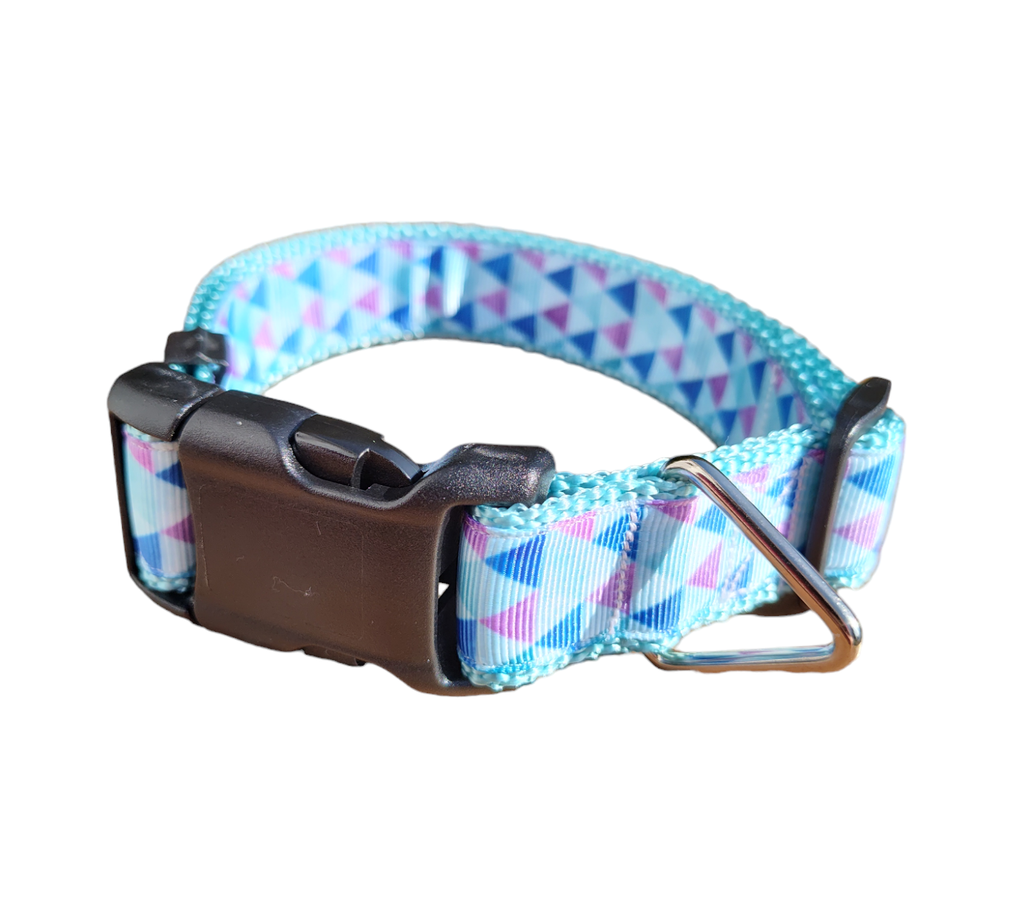 Purple Triangles Light Blue Nylon Dog Collar MD, LG, XL, Leash - Doot's Pet LLC Collars For A Cause