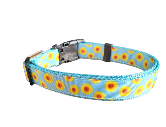 Yellow Flowers Light Blue Nylon Dog Collar MD, LG, XL, Martingale, Leash - Doot's Pet LLC Collars For A Cause