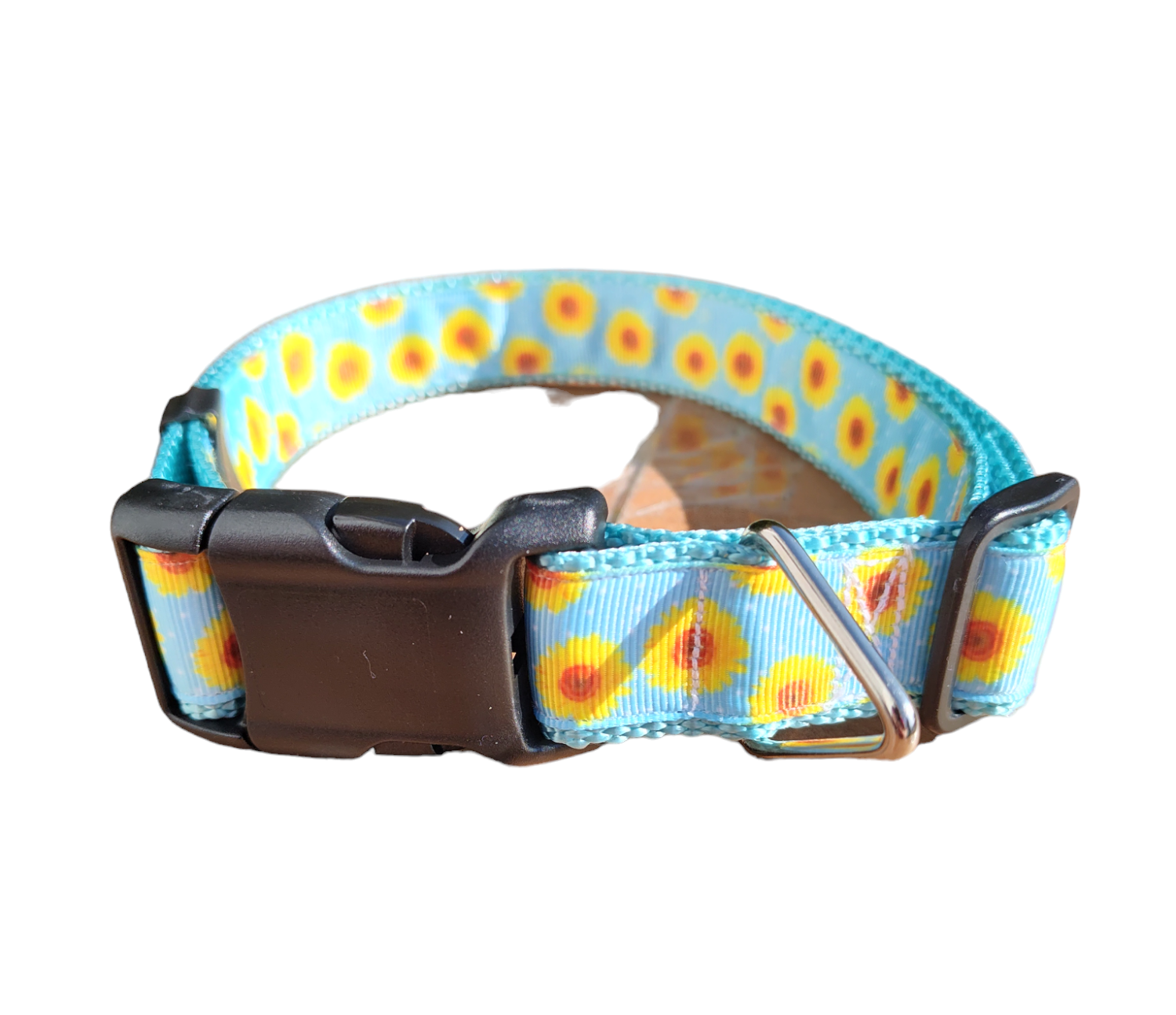 Yellow Flowers Light Blue Nylon Dog Collar MD, LG, XL, Martingale, Leash - Doot's Pet LLC Collars For A Cause