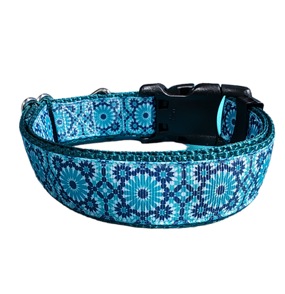 Blue Geometric Green Nylon Dog Collar MD, LG, XL, Leash - Doot's Pet LLC Collars For A Cause