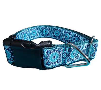 Blue Geometric Green Nylon Dog Collar MD, LG, XL, Leash - Doot's Pet LLC Collars For A Cause