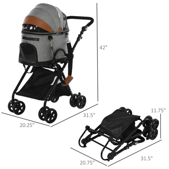 Luxury Folding Pet Stroller Travel Carriage 2 In 1 (Grey)