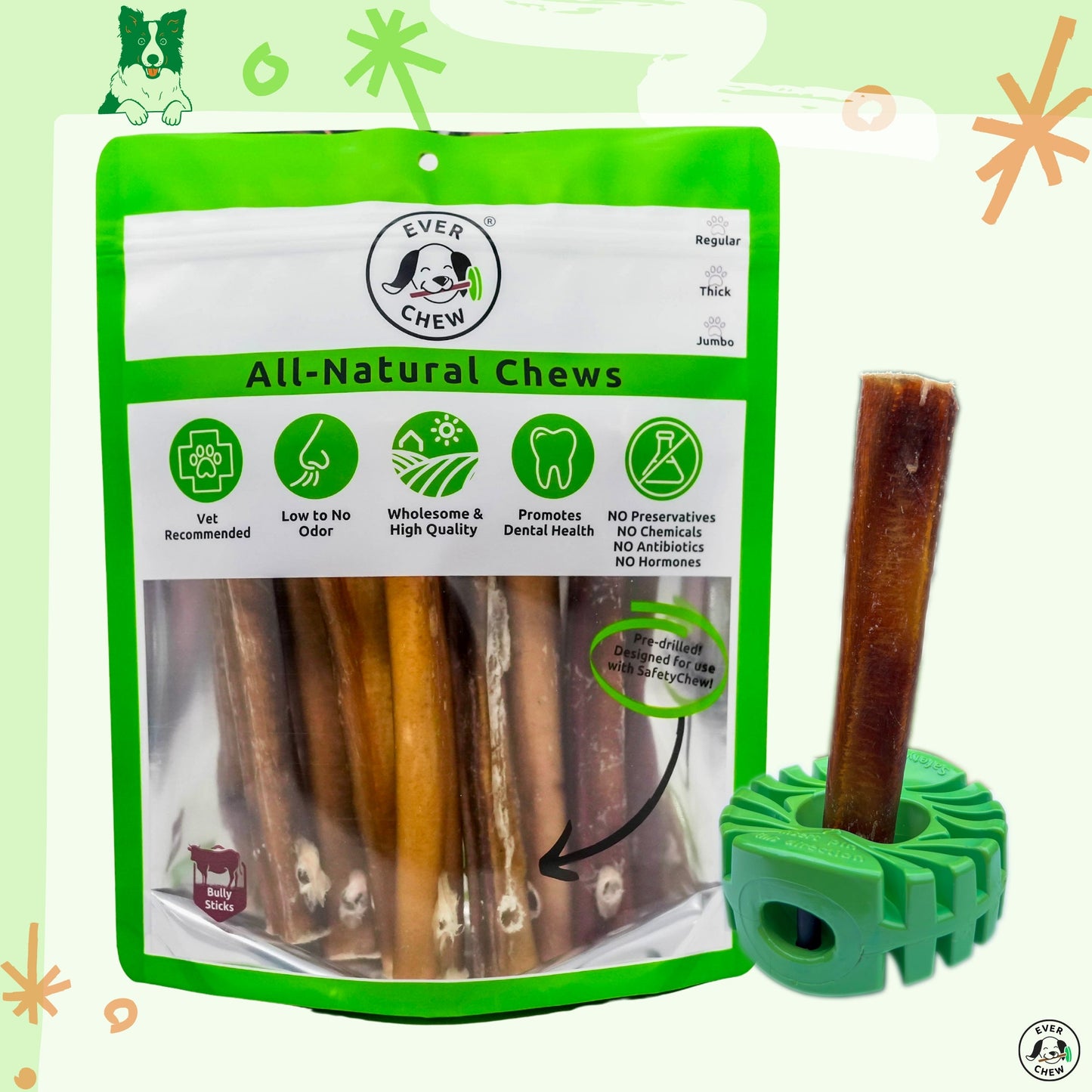 SafetyChew Plus Medium Dog Starter Pack: Heavy-Duty Bully Stick Holder + All-Natural Bully Sticks for Dogs 16-39+lbs - Doot's Pet LLC Collars For A Cause