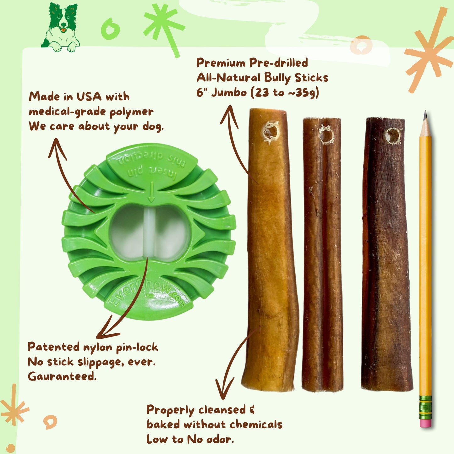 SafetyChew Plus Medium Dog Starter Pack: Heavy-Duty Bully Stick Holder + All-Natural Bully Sticks for Dogs 16-39+lbs - Doot's Pet LLC Collars For A Cause