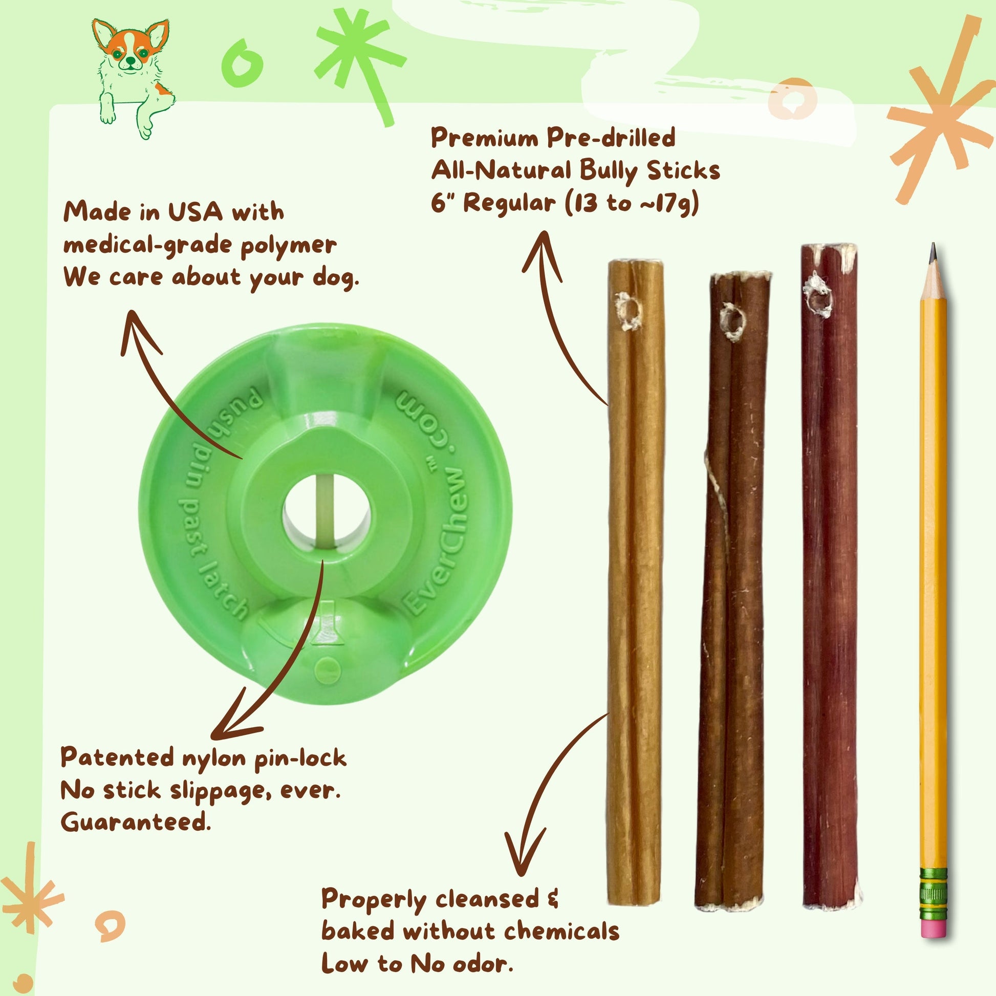 SafetyChew Small Dog Starter Pack: Pin-Lock Bully Stick Holder +  All-Natural Bully Sticks for Dogs Under 16lbs - Doot's Pet LLC Collars For A Cause