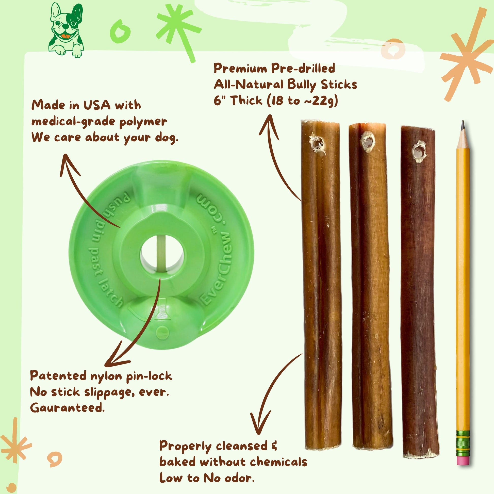 SafetyChew Small Dog Starter Pack: Pin-Lock Bully Stick Holder +  All-Natural Bully Sticks for Dogs Under 16lbs - Doot's Pet LLC Collars For A Cause