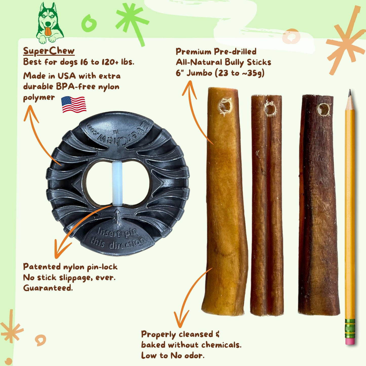 SuperChew Large Dog Starter Pack: Indestructible Bully Stick Holder + All-Natural Bully Sticks for Dogs 40+ lbs & Superchewers - Doot's Pet LLC Collars For A Cause