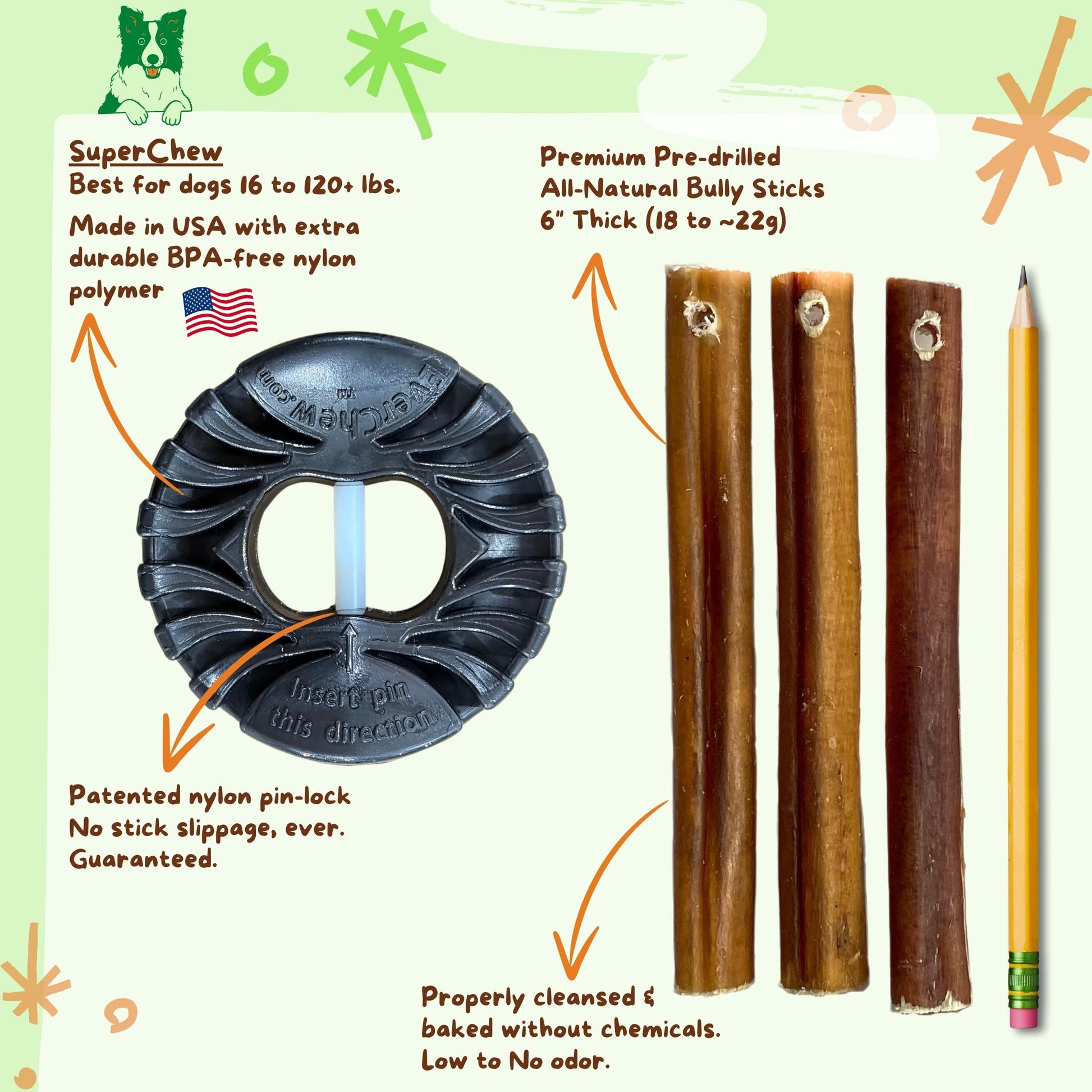 SuperChew Large Dog Starter Pack: Indestructible Bully Stick Holder + All-Natural Bully Sticks for Dogs 40+ lbs & Superchewers - Doot's Pet LLC Collars For A Cause
