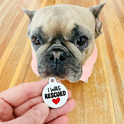Bad Tags - Enamel Dog ID Tag w/ Personalized QR Code - I Was Rescued - Engraved QR Code / Large 1.25"