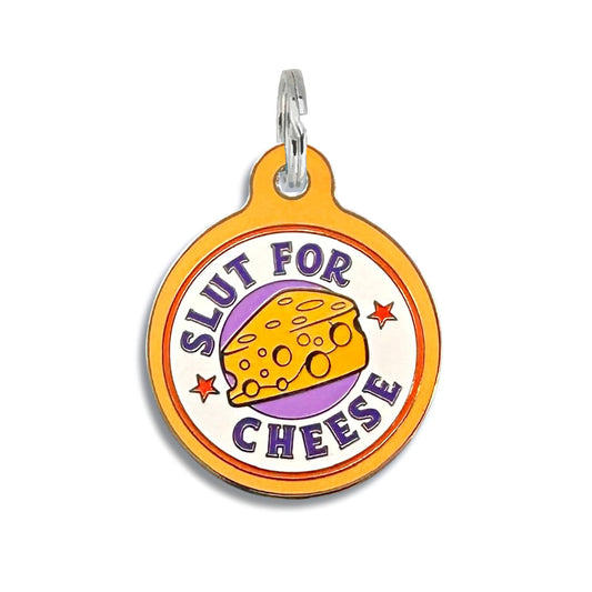 Bad Tags - Funny Dog ID Tag with Personalized QR Code - Slut for Cheese - Engraved QR Code / Large 1.25"