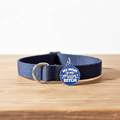 Bad Tags - Personalized Pet ID Tag w/Scannable Code - Mom my Main Bitch - Royal Purple / Engraved QR Code / Small 1"