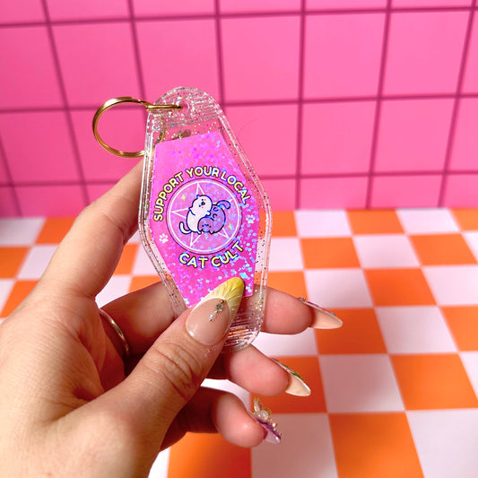 Stickers X Ashley Bexar - Funny Cat Mom Cats Witchy Motel Keychain Acrylic Keychain - Glitter / Silver